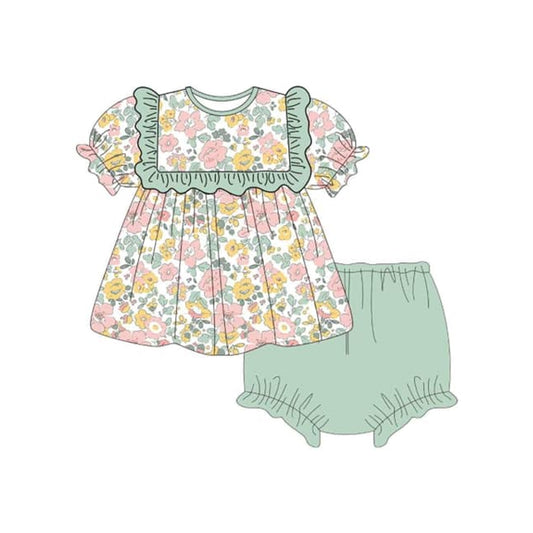 presale GBO0455 Flower and leaf green lace short-sleeved bummies set 2024 11.14