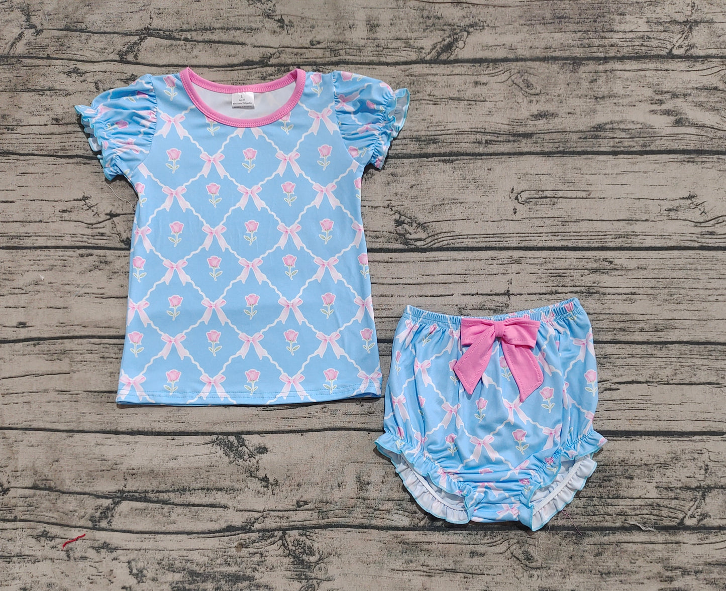 GBO0461 Baby Girls Blue Pink Flowers Bows Top Bummies Clothes Sets  D 3.24