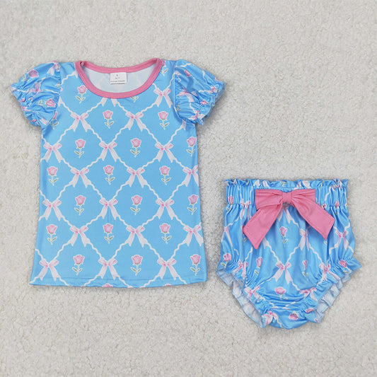 GBO0461 Baby Girls Blue Pink Flowers Bows Top Bummies Clothes Sets D 3.24