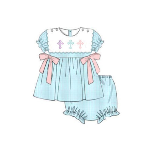 presale GBO0480 Baby Girls Cross Bows Short Ruffle Sleeve Tunic Bummies Easter Clothes Sets  D 915