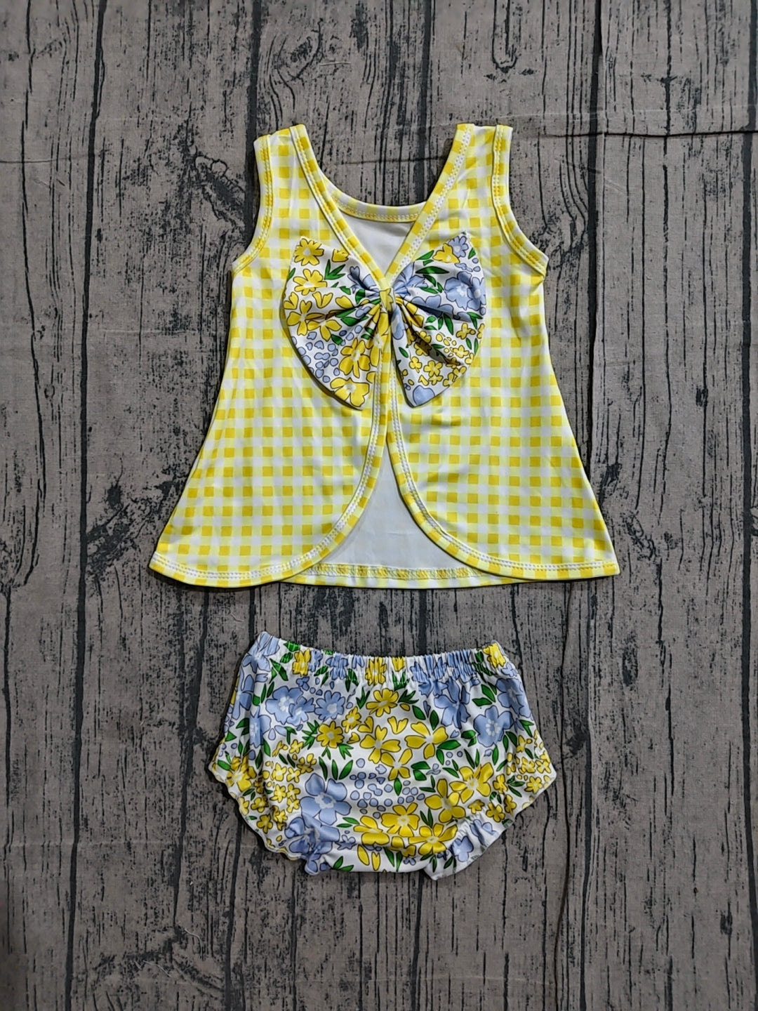 Pre order yellow gingham floral bummie set