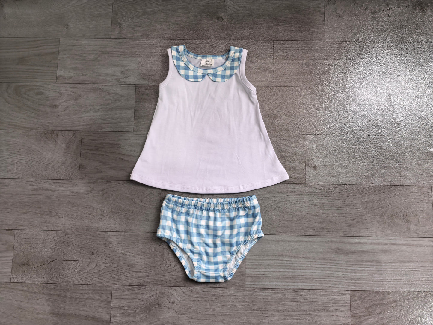 Pre order collared blue gingham bummie set