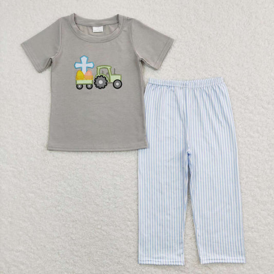 BSPO0194 Embroidered cross tractor gray short-sleeved blue and white striped trousers suit