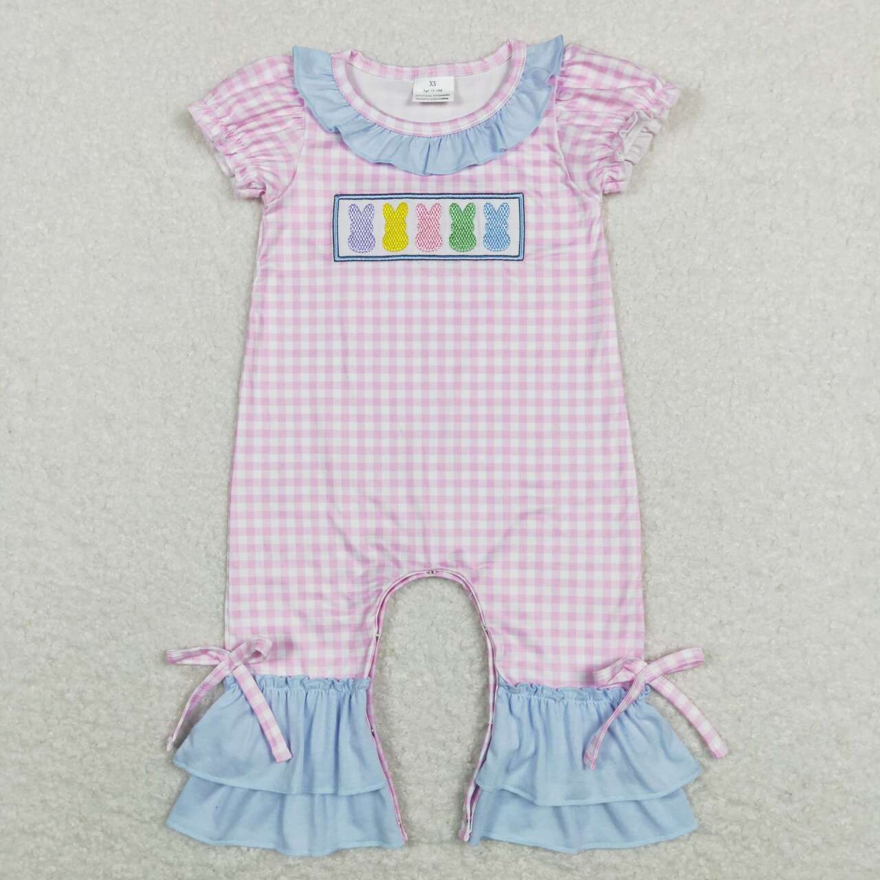 SR0689 Embroidered colorful bunny blue lace pink and white plaid short-sleeved jumpsuit