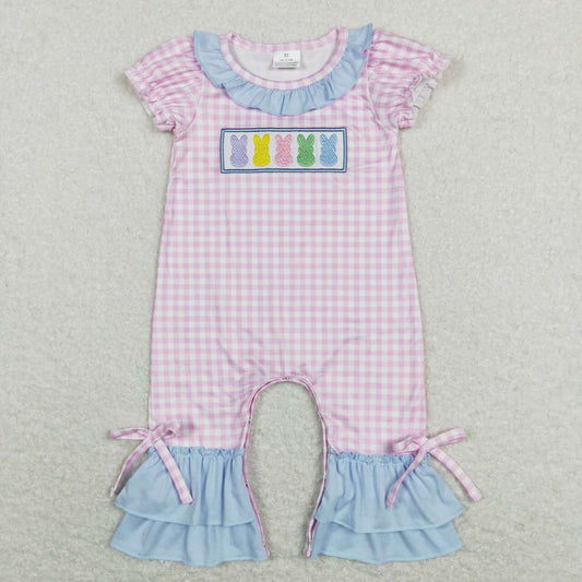 SR0689 Embroidered colorful bunny blue lace pink and white plaid short-sleeved jumpsuit