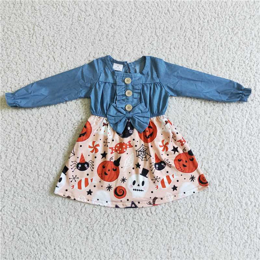 GLD0039 Halloween Pumpkin Blue Long Sleeve Dress