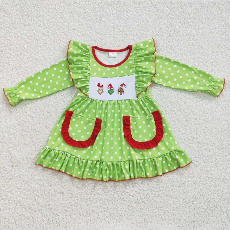 GLD0217 Christmas Cartoon Girls Embroidered Dog Polka Dot Green Lace Long Sleeve Dress