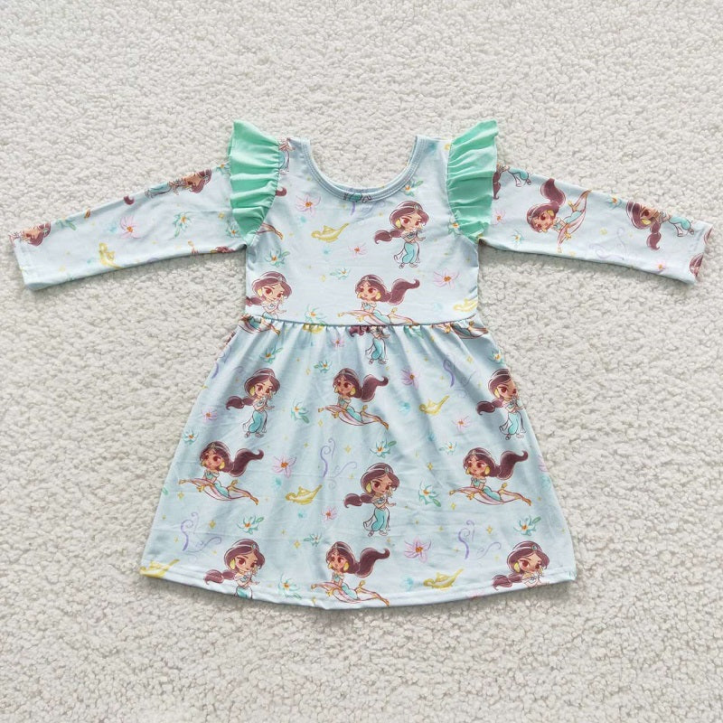 GLD0253 Cartoon Magic Flying Carpet Blue Green Lace Long Sleeve Dress