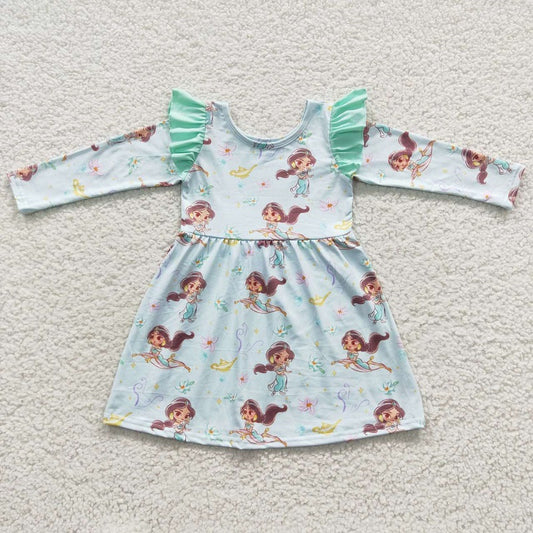 GLD0253 Cartoon Magic Flying Carpet Blue Green Lace Long Sleeve Dress