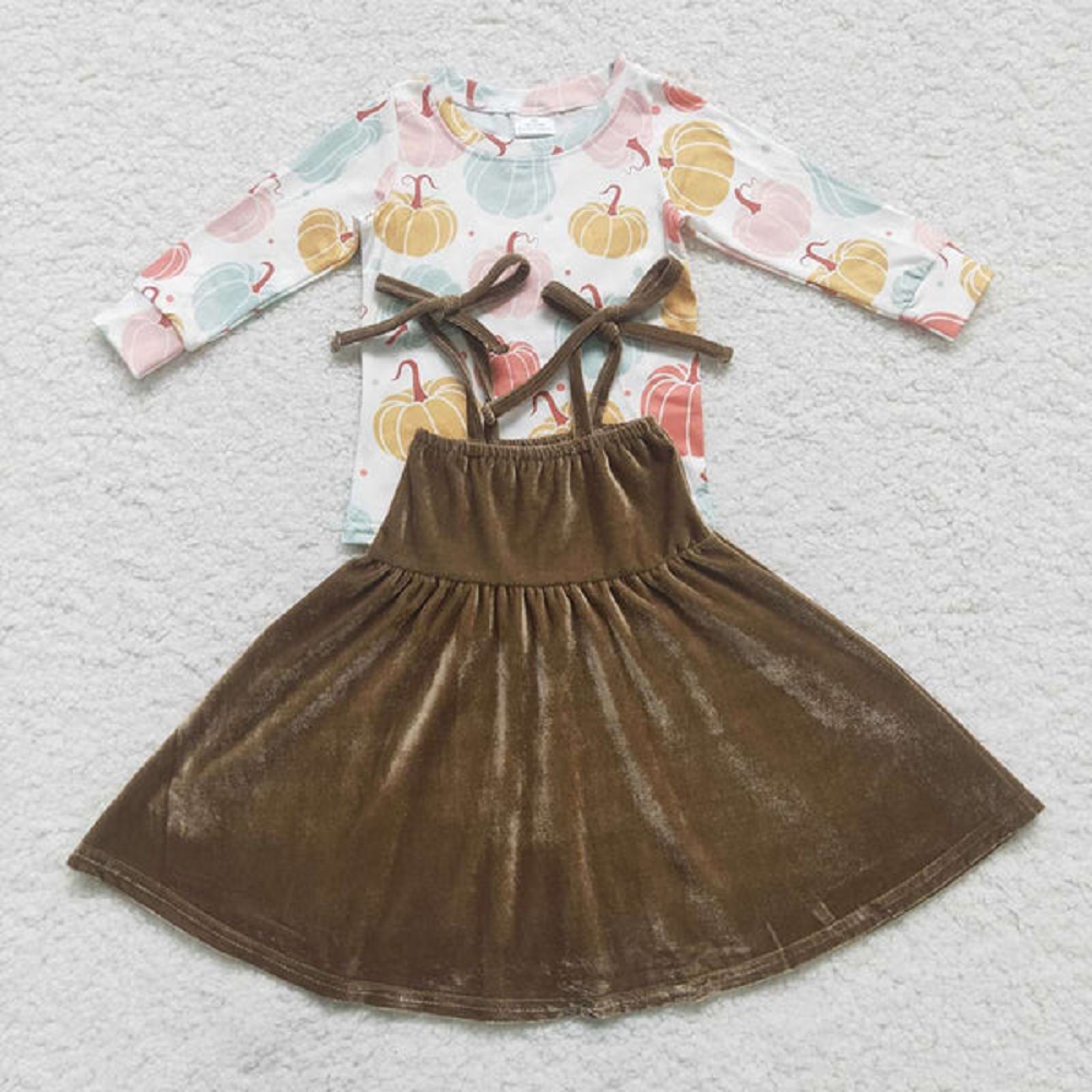GLD0289 Pumpkin Long Sleeve Brown Gold Velvet Suspender Dress Set