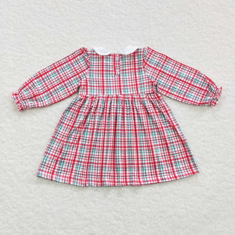 GLD0300 Girls Christmas Red Plaid Long Sleeve Dress with Embroidered Flowers