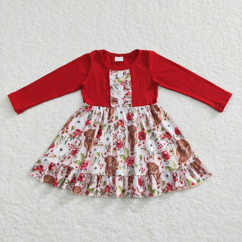 GLD0322 Alpine cow flower lace red long-sleeved dress