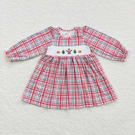 GLD0331 smocked embroidered gift Santa Claus red and green plaid long-sleeved dress