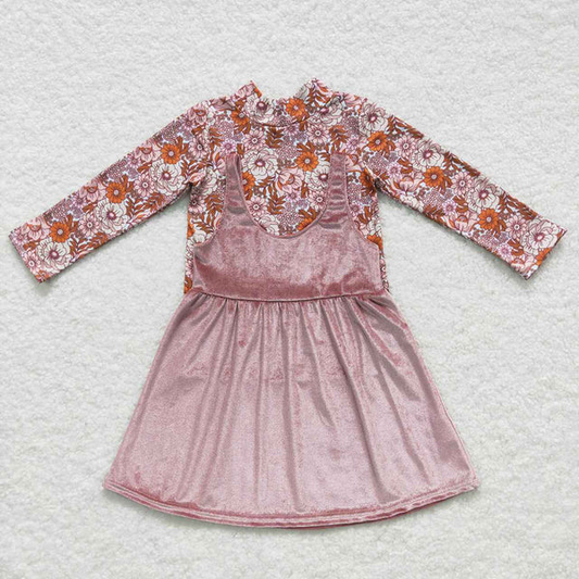 GLD0334 Floral Turtleneck Long Sleeve Brown Velvet Suspender Dress Set