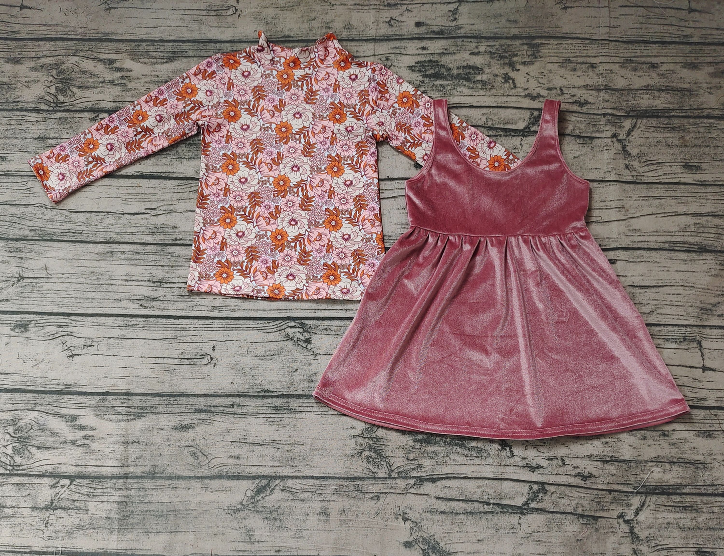 GLD0334 Floral Turtleneck Long Sleeve Brown Velvet Suspender Dress Set