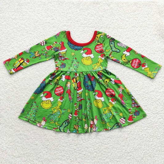 GLD0345 Cartoon Wreath Green Long Sleeve Dress