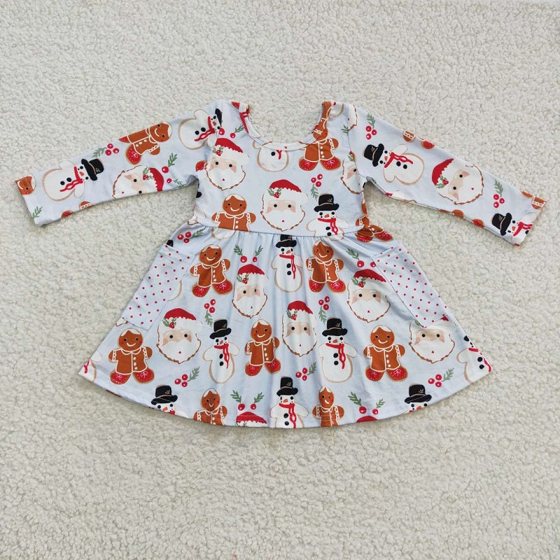 GLD0367 Snowman Santa Gingerbread Man Pocket Long Sleeve Dress