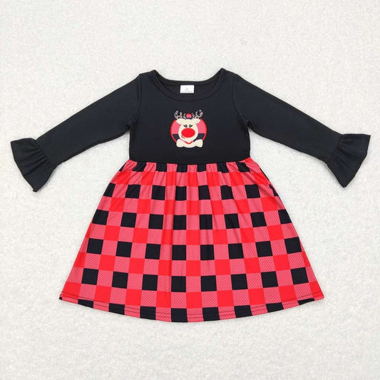 GLD0423 Embroidered deer red and black plaid long-sleeved dress