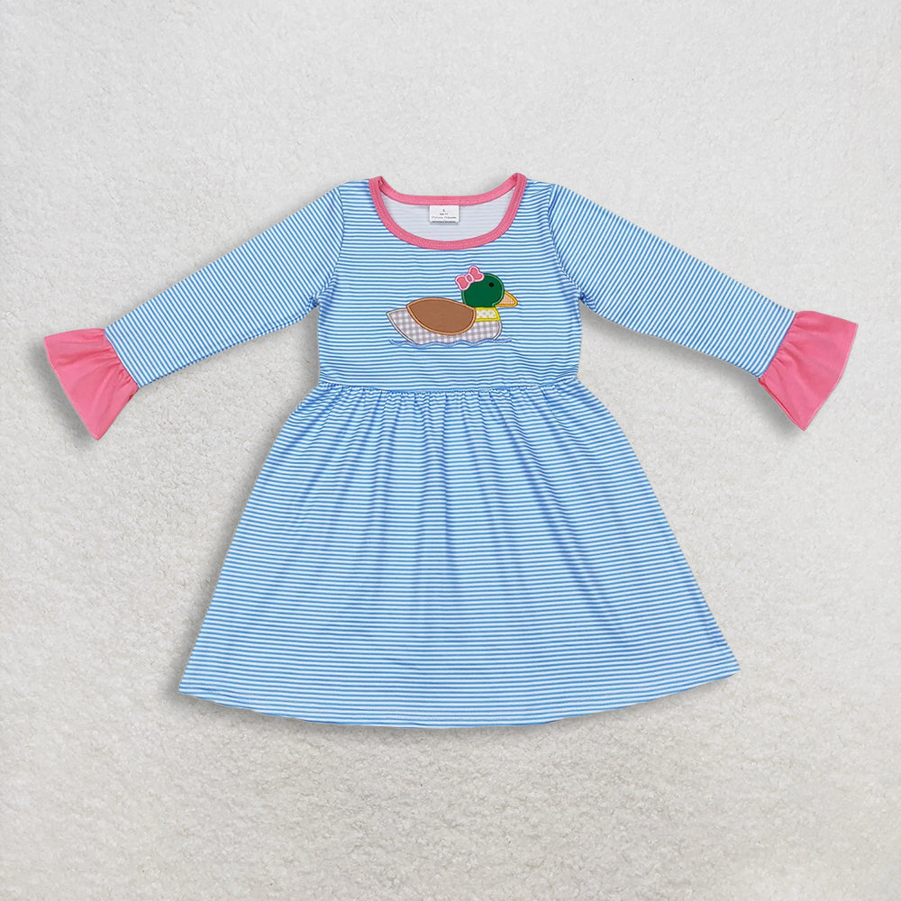 Sibling Baby Girls Embroidery Bow Ducks Blue Stripe Tunic Leggings Valentines Sets Dresses  D 1122