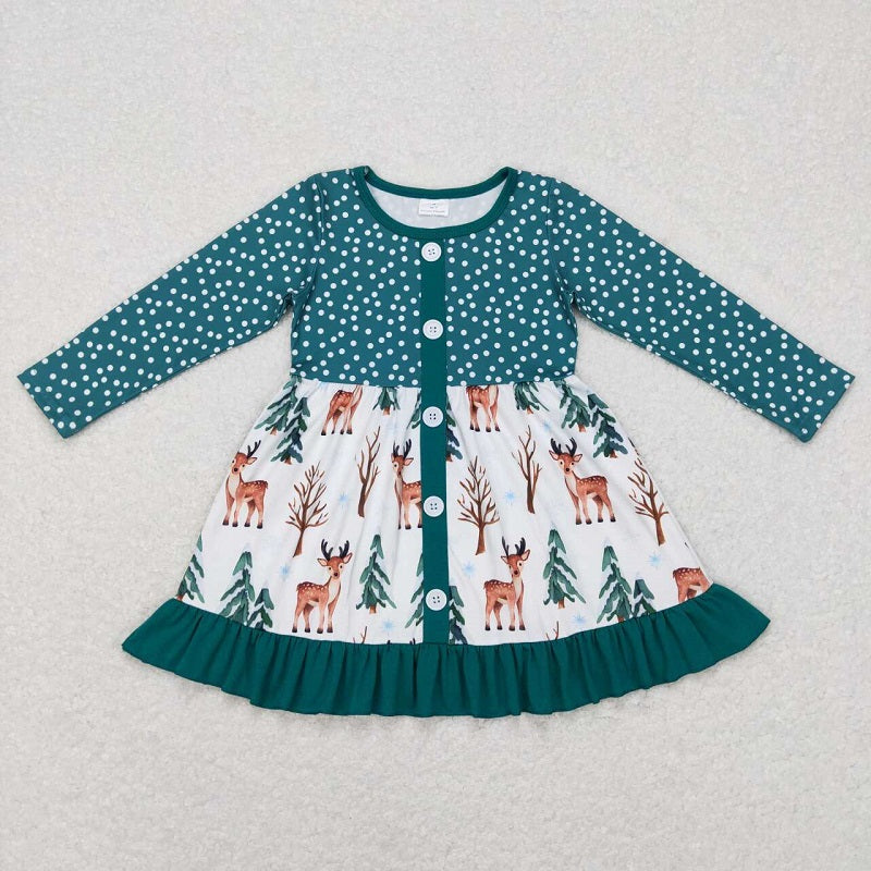 GLD0429 Sika deer white polka dot green long sleeve dress D 6.16