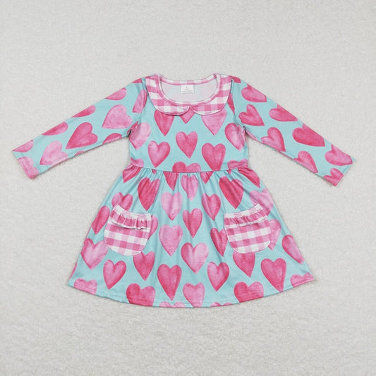 GLD0455 Heart pink plaid pocket teal long sleeve dress