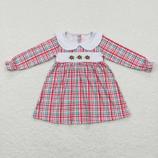 GLD0470 Red plaid long-sleeved dress with embroidered Christmas flowers