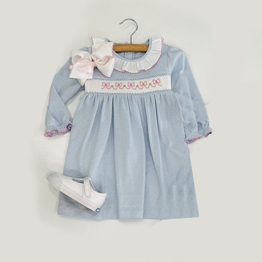 presale GGLD0508 Bow pattern white lace blue striped long sleeve dress