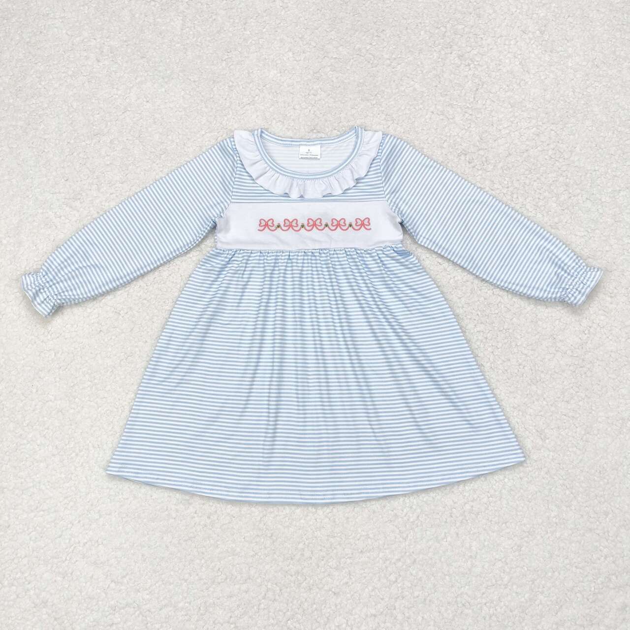 GLD0508 Embroidered bow pattern white lace blue striped long sleeve dress