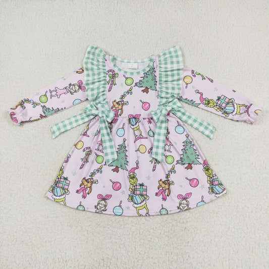 GLD0519 Christmas Gift Green Plaid Lace Bowknot Pink Long Sleeve Dress
