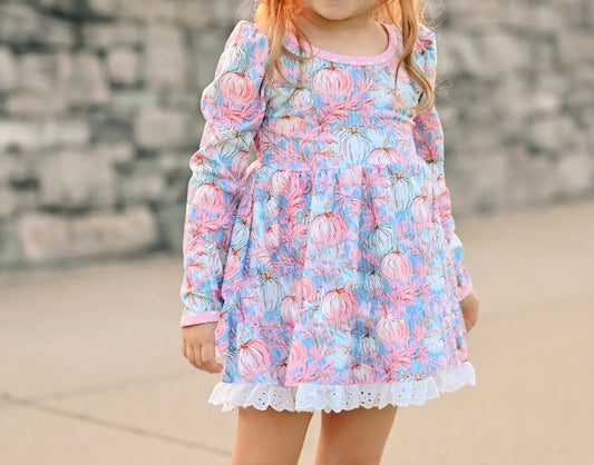 presale GLD0527 Pumpkin lace pink blue long-sleeved dress