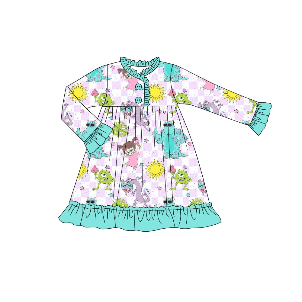 presale GLD0533 Monsters University Purple Plaid Teal Lace Long Sleeve Dress