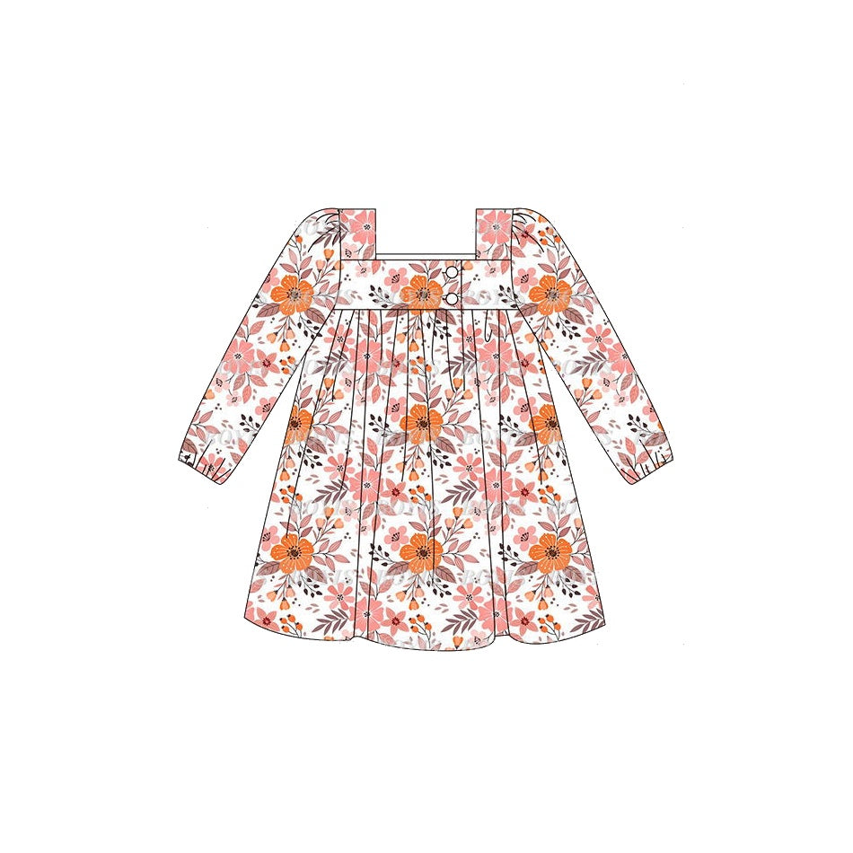 presale GLD0535 Pink Orange Flower White Square Neck Long Sleeve Dress