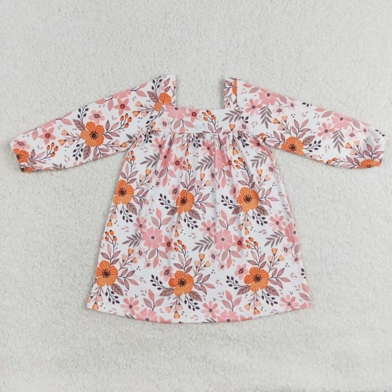 GLD0535 Pink Orange Flower White Square Neck Long Sleeve Dress