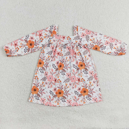 GLD0535 Pink Orange Flower White Square Neck Long Sleeve Dress