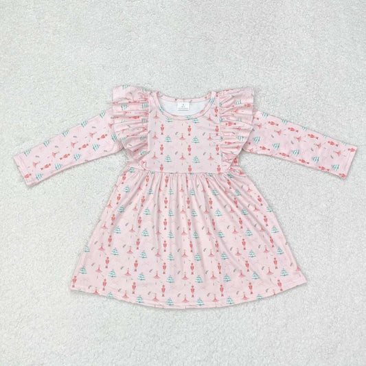GLD0543 Christmas Cartoon Nutcracker Lace Pink Long Sleeve Dress