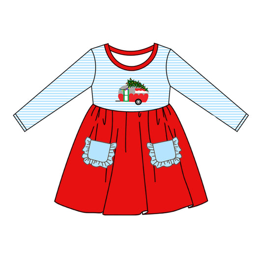 presale GLD0551 Christmas Tree Camper Pocket Blue Stripe Red Long Sleeve Dress