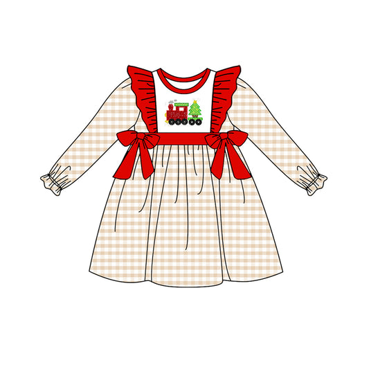 presale GLD0552 Christmas tree train plaid red lace bow long-sleeved dress