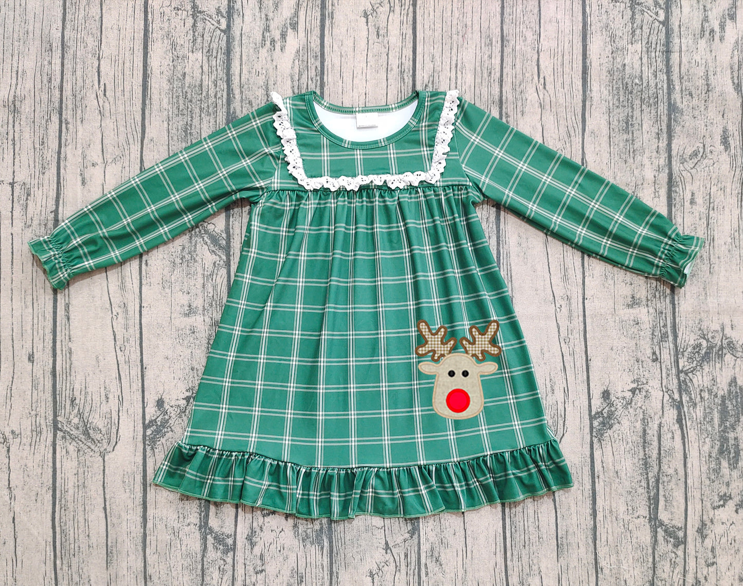 GLD0561 Christmas Reindeer Green Plaid Long Sleeve Dress D 927