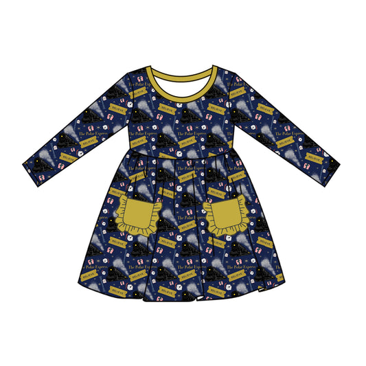 presale GLD0567 Train Green Pocket Navy Blue Long Sleeve Dress