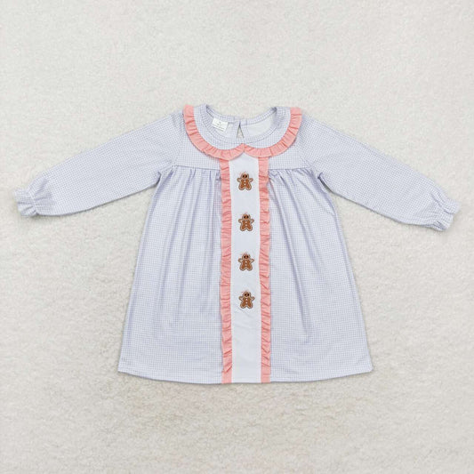 GLD0571 Gingerbread Man Pink Lace Doll Collar Blue Plaid Long Sleeve Dress