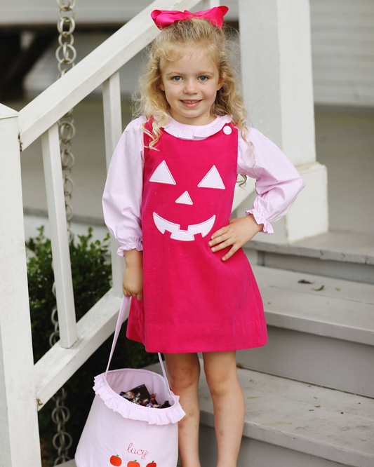 GLD0576 Halloween Pink Plaid Lace Long Sleeve Smiley Face Rose Red Sleeveless Dress Set