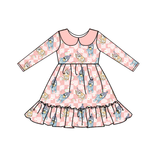 presale GLD0577 Rainbow Flower Plaid Pink Doll Collar Long Sleeve Dress