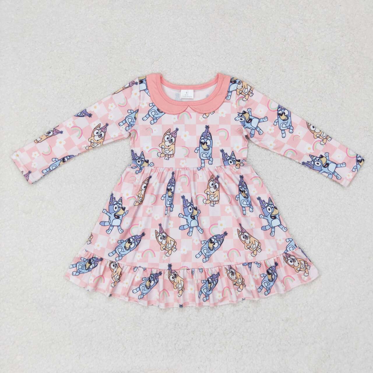 GLD0577 Rainbow Flower Plaid Pink Doll Collar Long Sleeve Dress