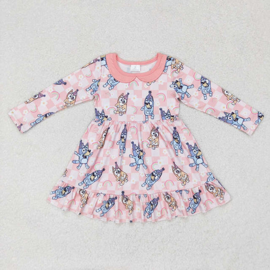 GLD0577 Rainbow Flower Plaid Pink Doll Collar Long Sleeve Dress