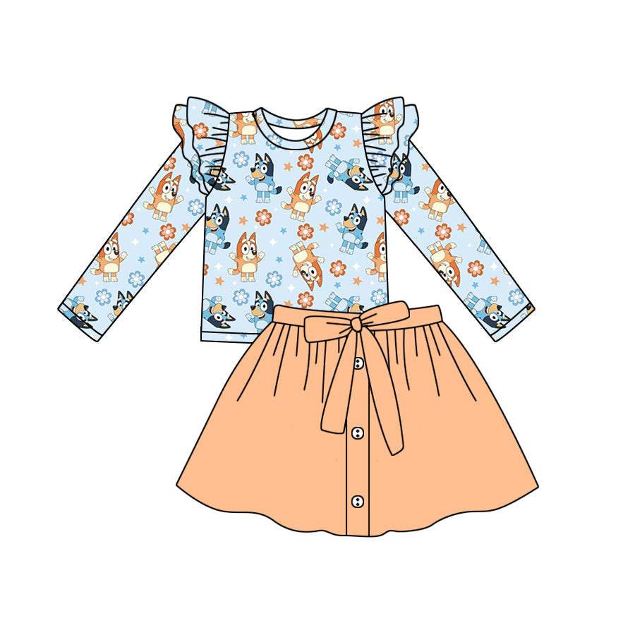 presale GLD0588 Floral Lace Blue Long Sleeve Orange Skirt Set