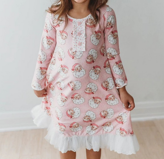 presale GLD0589 Santa Claus Polka Dot Lace Pink Long Sleeve Dress