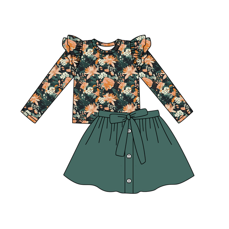 GLD0590 Floral long-sleeved dark green skirt suit