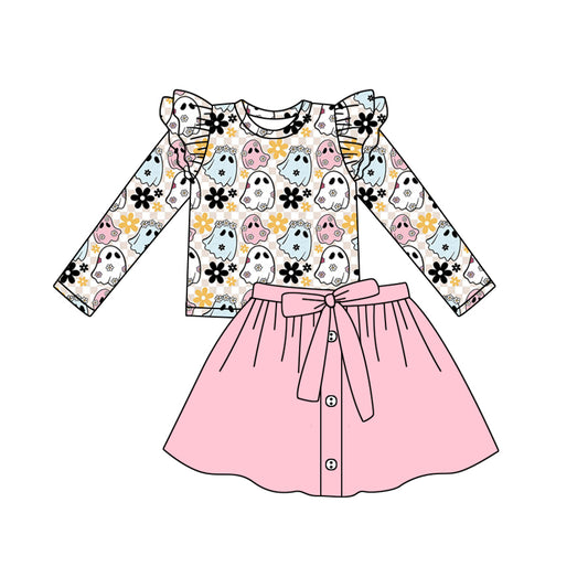 presale GLD0592 Flower Ghost Plaid Long Sleeve Pink Skirt Set