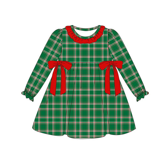 presale GLD0593 Christmas Plaid Red Lace Bow Green Long Sleeve Dress