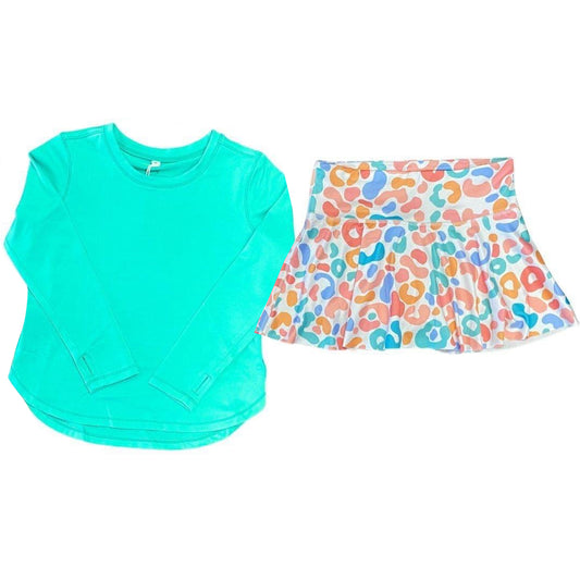 presale GLD0595 Baby Girls Green Top Colorful Leopard Skirts Clothes Sets